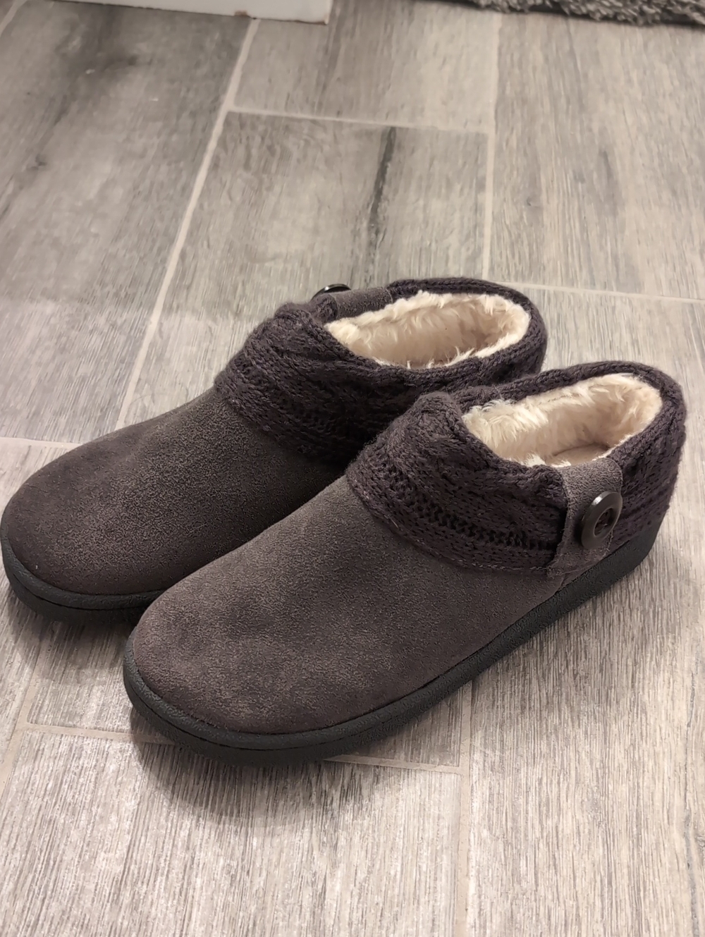 Clarks Charcoal Knit-Cuff-Suede Slip-On Slippers